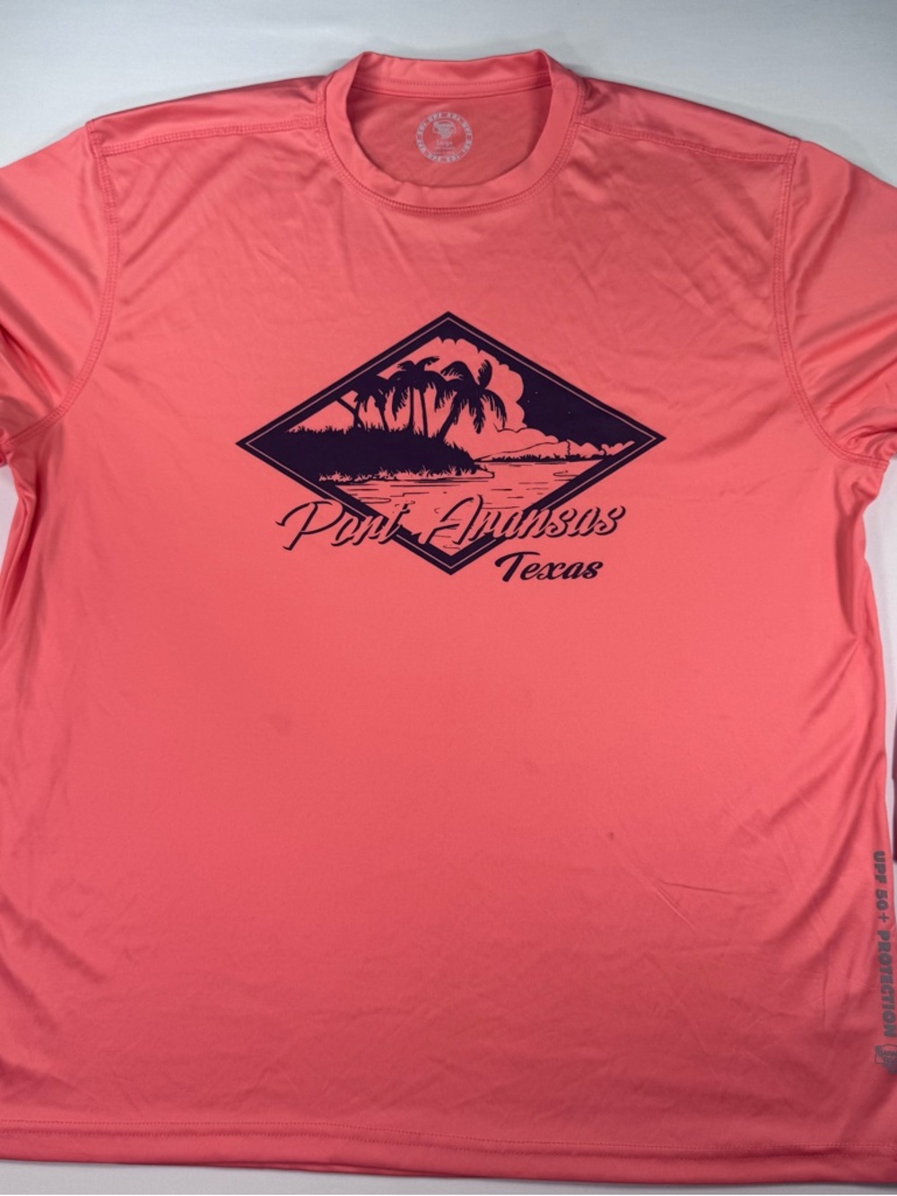 Banana Boat Mens LS Perf. 50+ UPF  TShirt, Port Aransas Texas graphic, Salmon, L